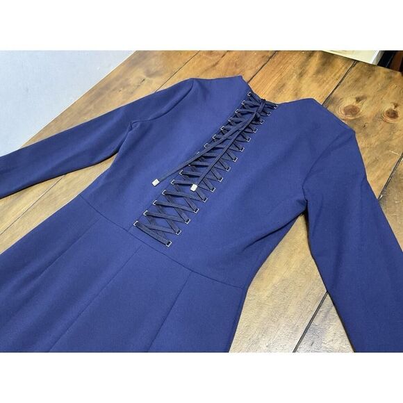 ESCADA Size 36 Deep Sea Navy Three Quarter Sleeve Sheath Lace Up Dress - Picture 14 of 14